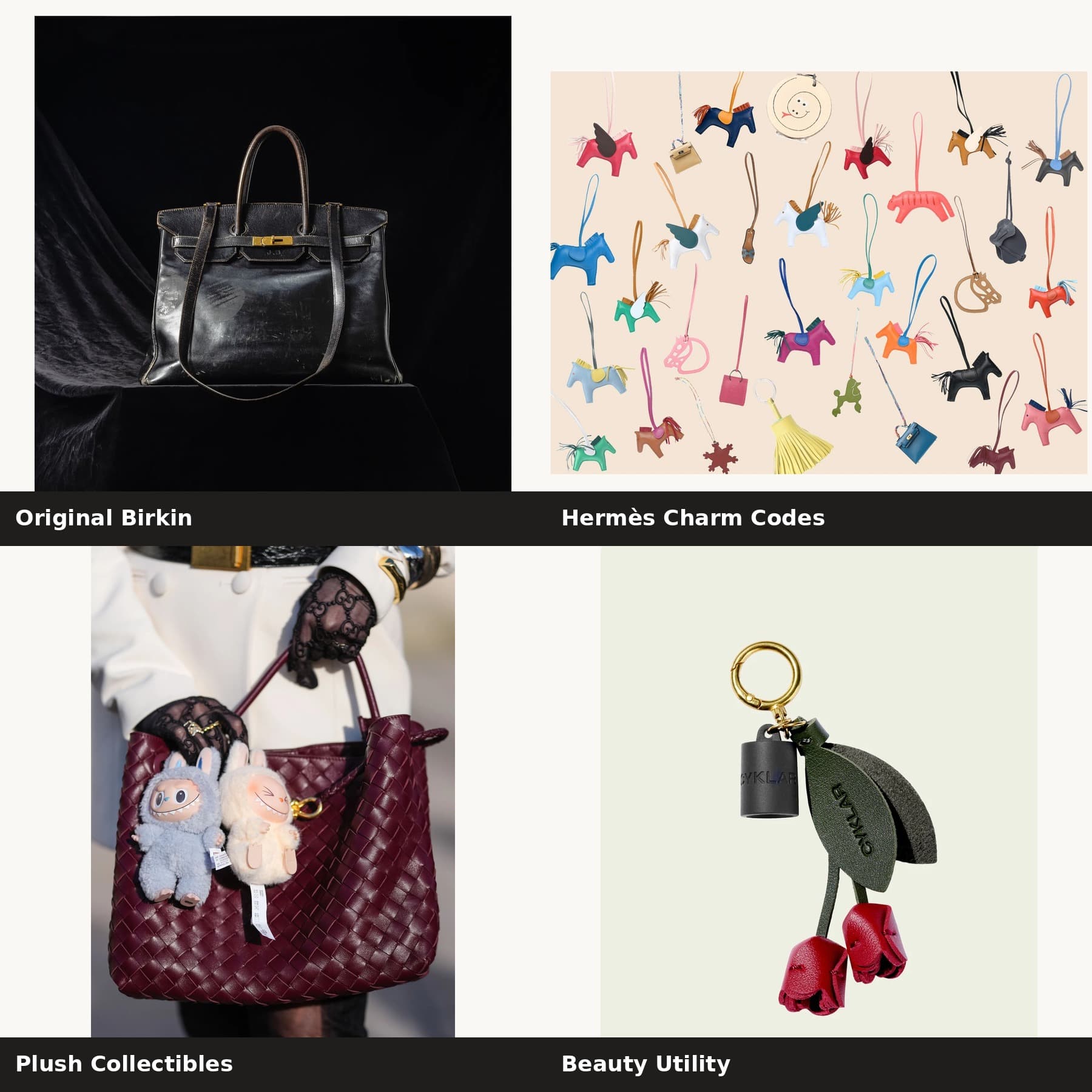 Polished luxury bag interrupted by personal, witty, and functional charms